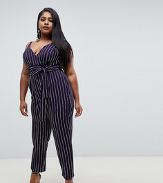 Темно-синий комбинезон в полоску с запахом и поясом ASOS DESIGN Curve - Мульти