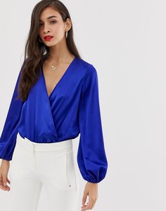 Атласное боди с длинными рукавами и глубоким вырезом ASOS DESIGN - Мульти