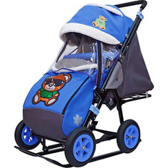 Санки-коляска GALAXY SNOW GALAXY City-2-1 Зелёный Мишка на синем на больших надувных колёсах (7091)