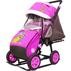 Санки-коляска GALAXY SNOW GALAXY City-1-1 Мишка со звездой на розовом на больших надувных колёсах (7075)