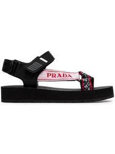 Prada black logo embroidered flat leather sandals