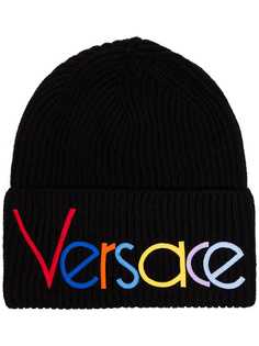 Versace black logo embroidered beanie hat