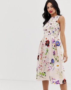 Эксклюзивное приталенное платье миди с цветочным принтом True Violet - Мульти