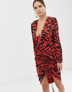 Платье миди с запахом, глубоким вырезом спереди, длинными рукавами и принтом зебра красного цвета Flounce London - Мульти