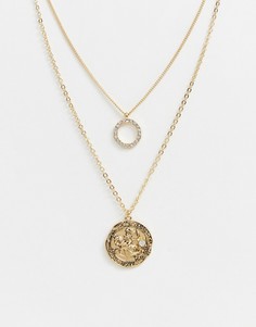 Золотистое ожерелье-цепочка в несколько рядов с круглой подвеской и подвеской-медальоном Monki - Золотой