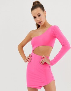 Ярко-розовое облегающее платье на одно плечо с вырезом Fashionkilla - Розовый