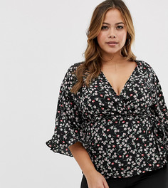 Блузка с длинными рукавами, запахом и цветочным принтом Fashion Union Plus - Черный