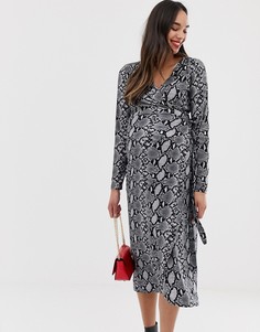 Платье миди с принтом под кожу змеи и длинными рукавами New Look Maternity - Коричневый