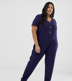 Мягкий комбинезон для дома с пуговицами в рубчик ASOS DESIGN Curve - Темно-синий