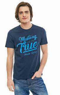 Синяя хлопковая футболка с логотипом бренда Mustang