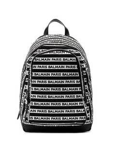 Balmain black and white logo print canvas and leather backpack