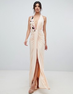 Платье макси с глубоким вырезом и цветочной отделкой 3D Forever Unique - Розовый