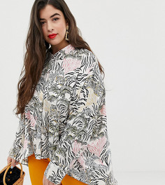 Свободная атласная блузка от комплекта с принтом Neon Rose Plus - Кремовый