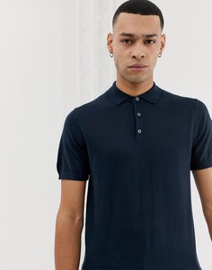 Вязаная футболка-поло из 100% шерсти Selected Homme - Темно-синий