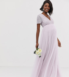 Сиреневое платье макси из тюля с V-образным вырезом и пайетками Maya Maternity Bridesmaid - Фиолетовый