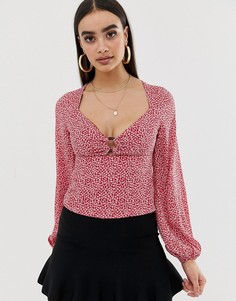 Блузка с цветочным принтом, кольцом и пышными рукавами на манжетах Fashion Union - Розовый