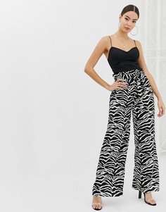 Брюки с широкими штанинами, отделкой на талии и принтом зебра Boohoo - Мульти
