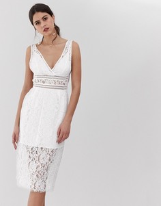 Белое кружевное платье миди с V-образным вырезом Y.A.S - Белый