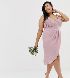 Эксклюзивное розовое платье миди для подружки невесты с запахом TFNC Plus - Розовый