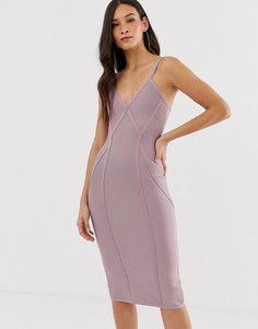 Сиреневое бандажное платье миди с глубоким вырезом The Girlcode - Фиолетовый