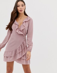 Нежно-розовое короткое приталенное платье с оборками Outrageous Fortune - Розовый