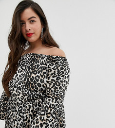 Атласный топ с леопардовым принтом и открытыми плечами AX Paris Plus - Коричневый