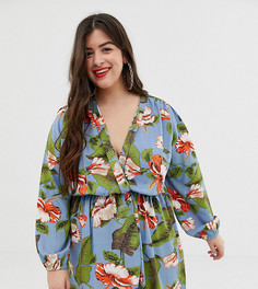 Платье миди с запахом и цветочным принтом AX Paris Plus - Синий