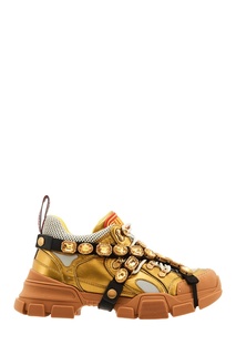 Золотистые кроссовки Flashtrek со съемными кристаллами Gucci