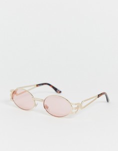Узкие овальные солнцезащитные очки с розовыми линзами и золотистой отделкой на дужках ASOS DESIGN - Золотой
