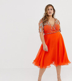 Оранжевое приталенное платье миди с запахом Virgos Lounge Plus - Оранжевый