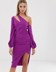 Платье миди на одно плечо с пышными рукавами Lavish Alice - Фиолетовый