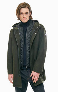 Полушерстяное демисезонное пальто цвета хаки с капюшоном Armani Exchange