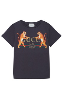 Серая футболка с принтом Gucci Kids