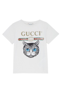 Белая футболка с принтом «кошка» Gucci Kids