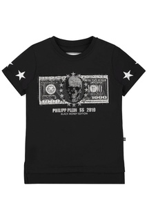 Черная футболка с принтом и вышивкой Philipp Plein Kids