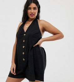 Ромпер в полоску с бретелью через шею и пуговицами ASOS DESIGN Curve - Черный