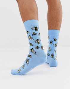 Голубые носки из хлопковой смеси с принтом пчел Moss London - Синий