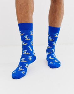 Синие носки из хлопковой смеси с принтом акулы Moss London - Синий