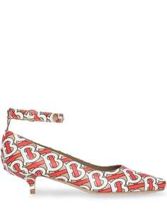 Burberry Monogram Print Leather Peep-toe Kitten-heel Pumps