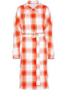 PushBUTTON check print puff sleeve trench coat