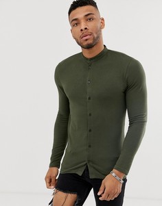 Обтягивающая трикотажная рубашка цвета хаки с воротником на пуговице boohooMAN - Зеленый