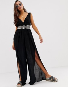 Черный пляжный комбинезон с отделкой на талии River Island - Черный