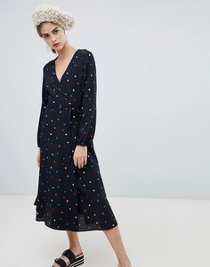 Черное платье миди с запахом и принтом New Look - Черный