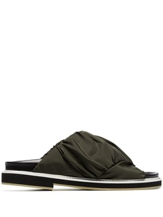 Ganni forest green Veda fabric crossover leather slides