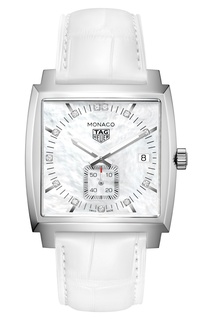MONACO Кварцевые женские часы с белым перламутровым циферблатом Tag Heuer