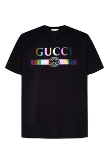 Черная футболка оверсайз с разноцветным логотипом Gucci