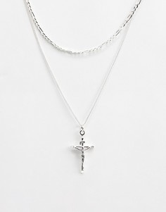 Серебристое ожерелье в два ряда с распятием на кресте Chained & Able - Серебряный