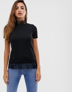 Черная футболка с короткими рукавами и кружевной отделкой PrettyLittleThing - Черный