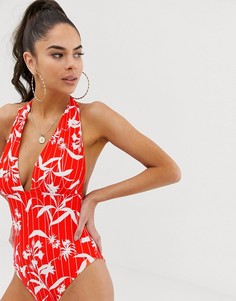 Слитный купальник с глубоким вырезом и цветочным принтом ASOS DESIGN dd-g - Красный