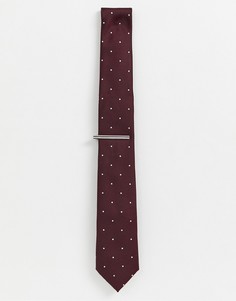 Бордовый галстук в горошек с зажимом Burton Menswear - Красный